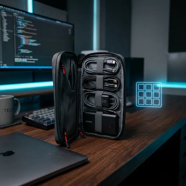 カバンの中のケーブル地獄を解消！机の上で完全に自立する「大容量ガジェットポーチ」のアイキャッチ画像