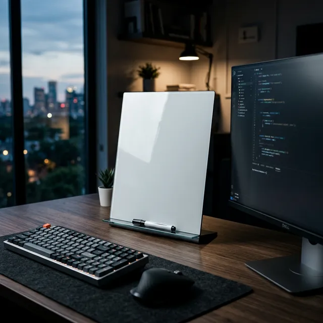 キーボード奥が無限のメモ帳に！小物収納付きの「卓上ガラスホワイトボード」のアイキャッチ画像