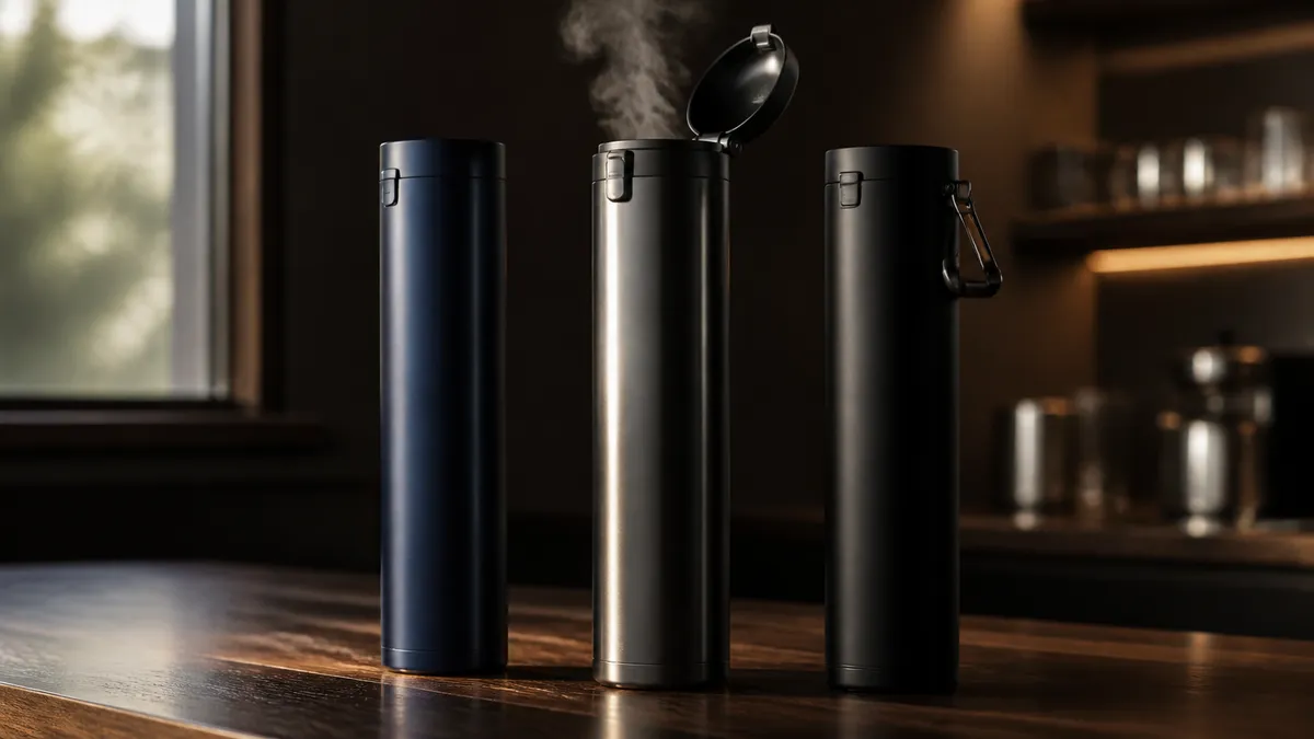 Three slim stainless travel mugs in dark tones on a wooden café counter with soft morning light