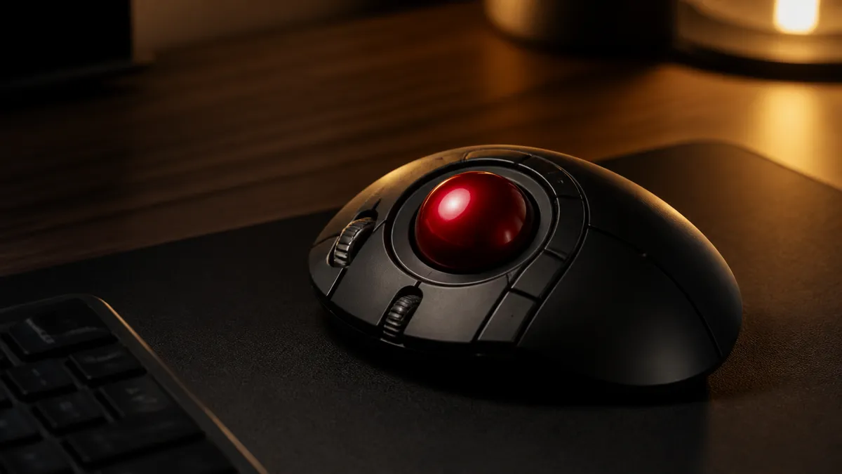 A dark finger-operated trackball with a red ball on a desk mat under warm side light