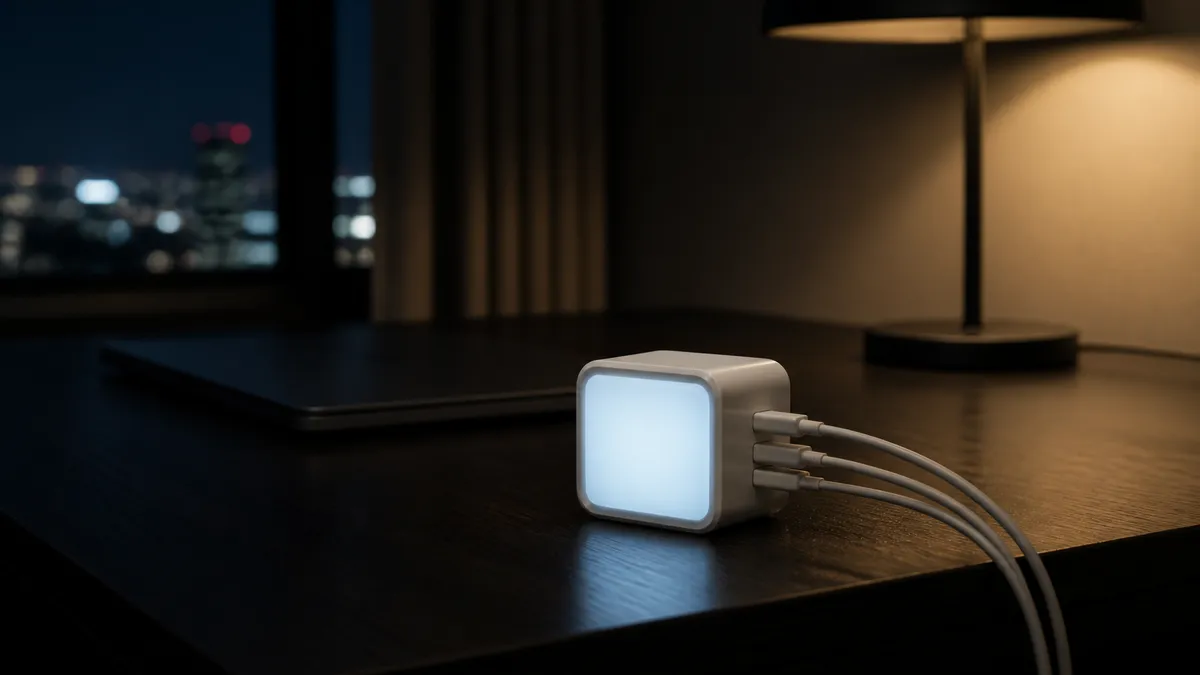 A small square charging brick on a dark hotel desk, its screen glowing beside a closed laptop in warm lamplight