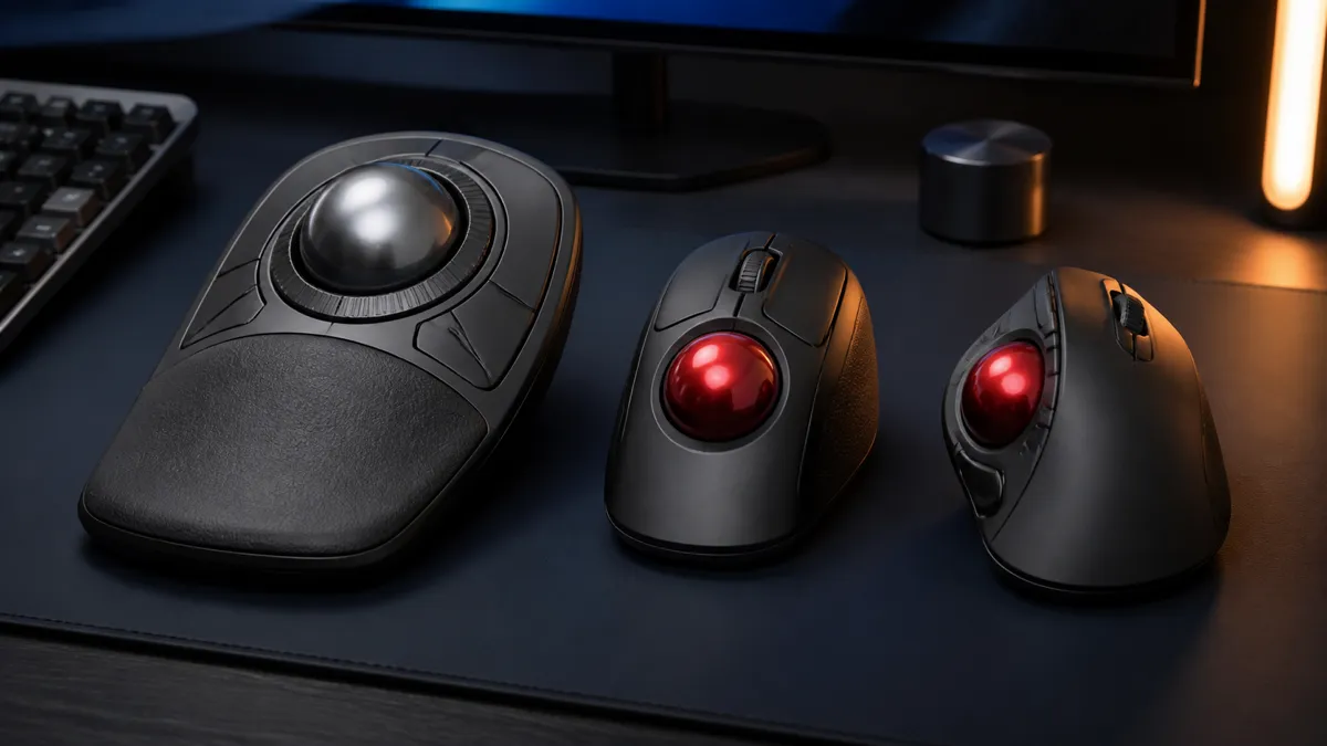 Three dark trackball mice arranged on a clean desk with warm amber lighting