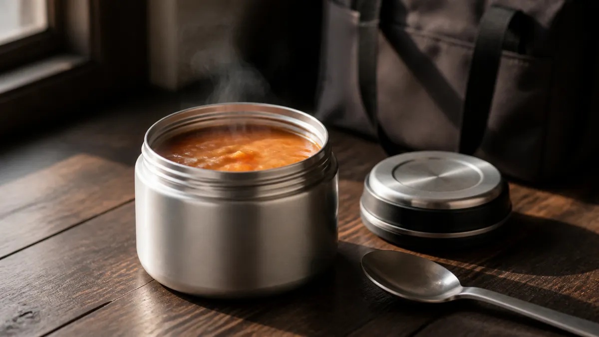 A squat stainless food jar with its lid off beside a packed lunch on a dark wooden table, steam rising