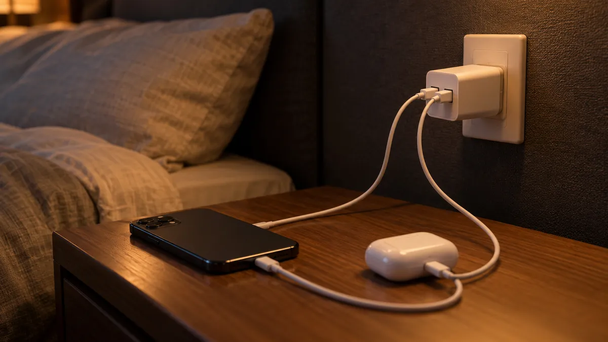 消灯後も光る充電器のランプを、枕元から消す。エレコムの2ポートUSB充電器