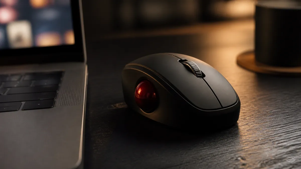 A compact thumb-operated trackball with a red ball on a dark desk beside a laptop in warm light