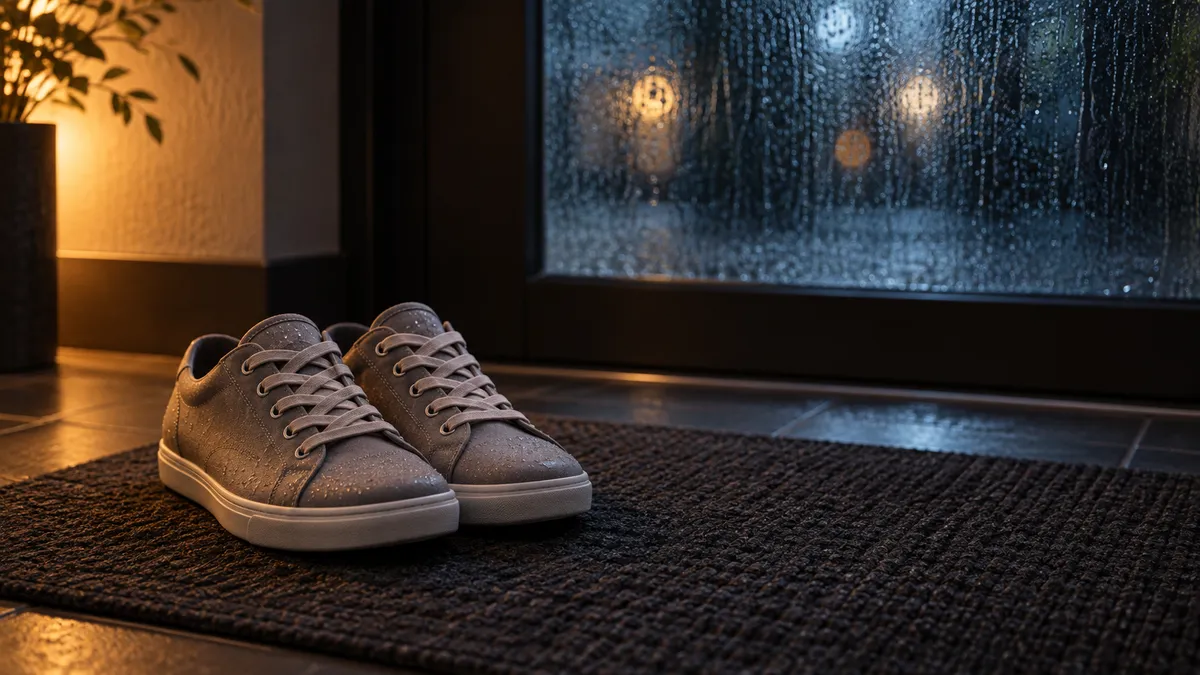 A dark entryway at night with a pair of damp sneakers on a doormat in warm lamplight