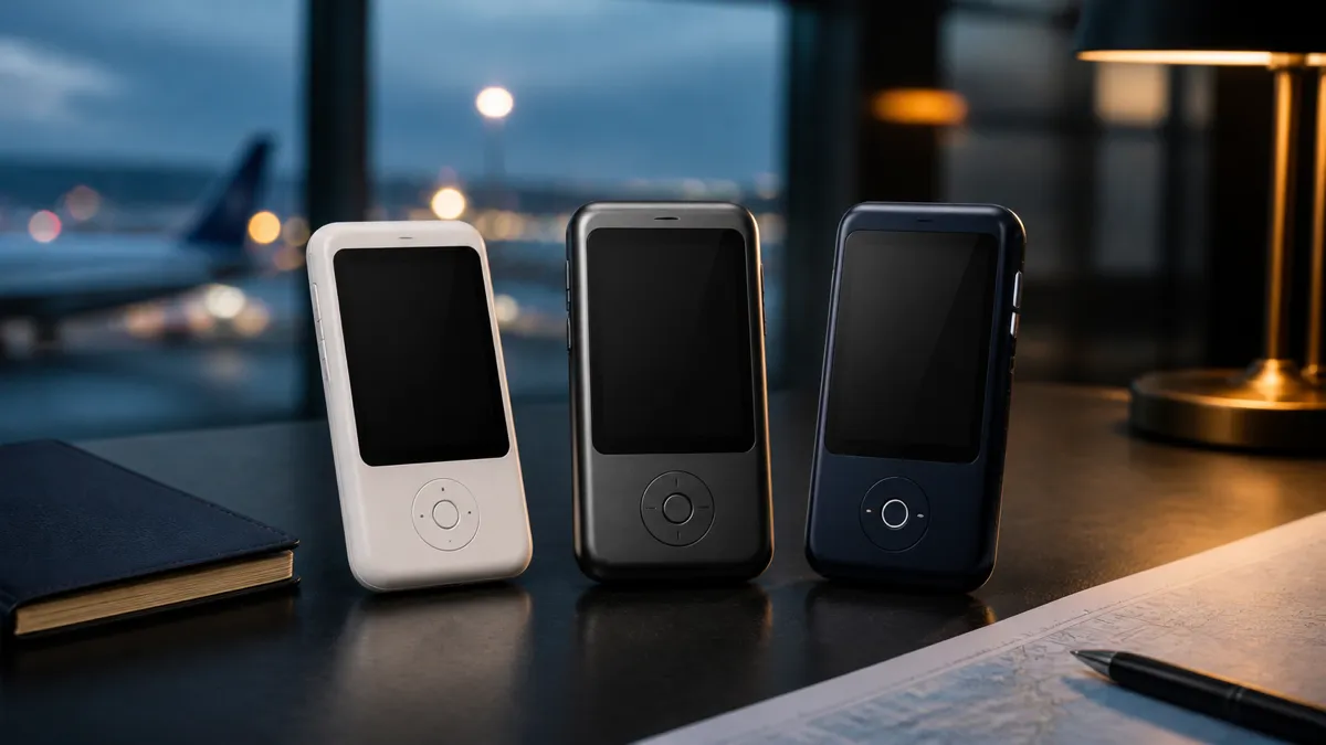 Three slim handheld translation devices arranged on a dark travel desk beside a passport and notebook