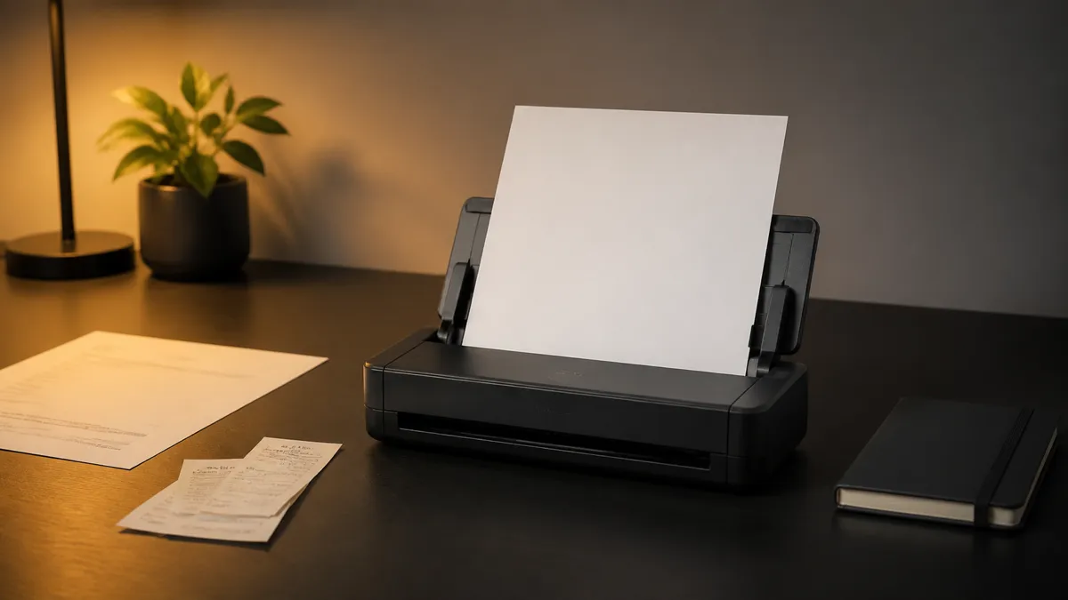 A compact black document scanner on a tidy dark desk beside a small stack of receipts