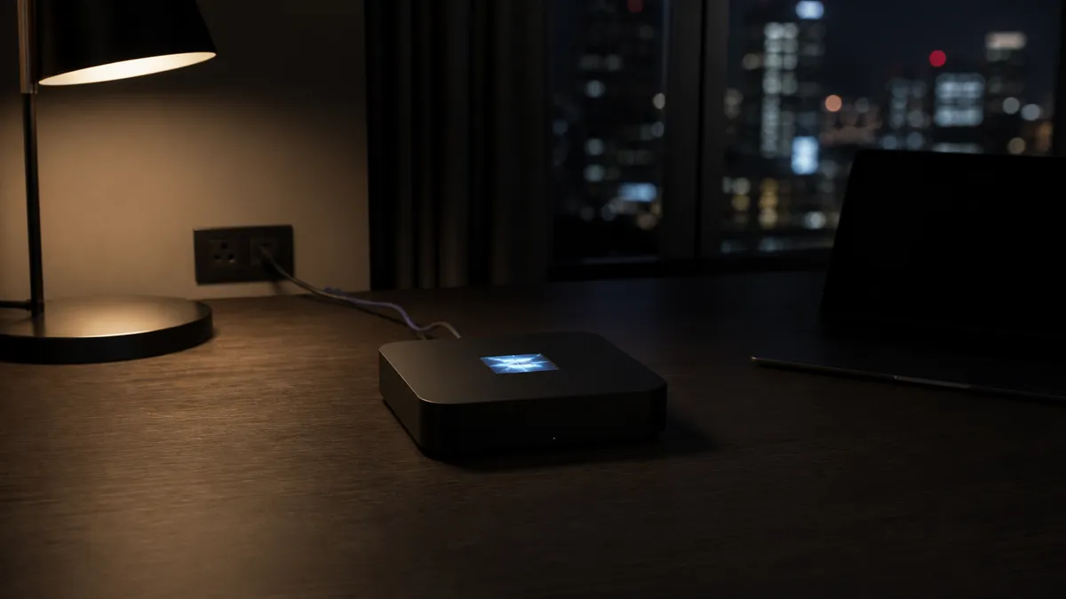 A small travel router with a lit touchscreen on a hotel desk beside a closed laptop in warm lamplight
