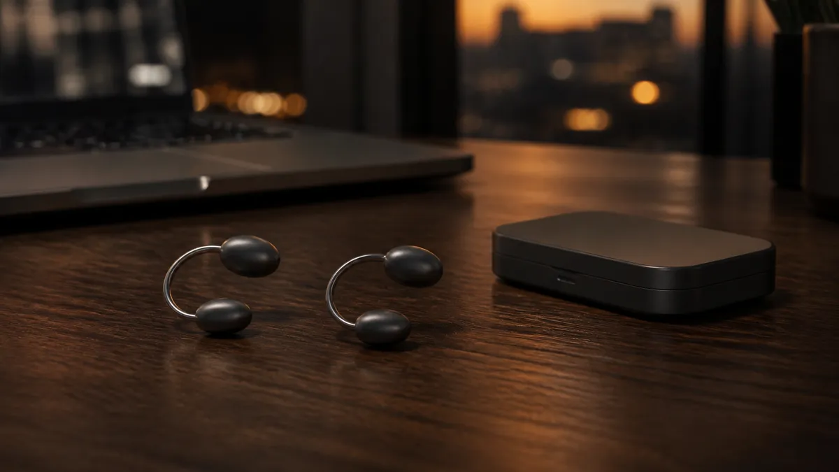 A pair of small open-ring clip-on earbuds and a slim charging case resting on a dark wooden desk, warm low light from a window at dusk