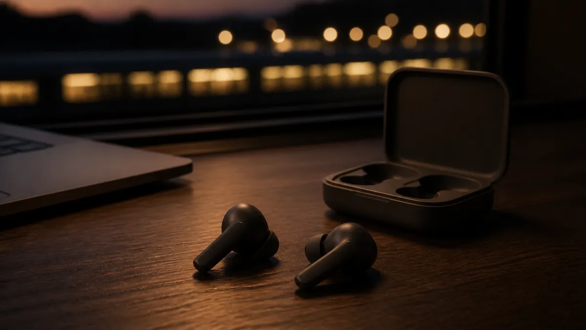 A pair of small wireless earbuds and an open charging case on a dark desk beside the edge of a laptop, warm low light from a window at dusk
