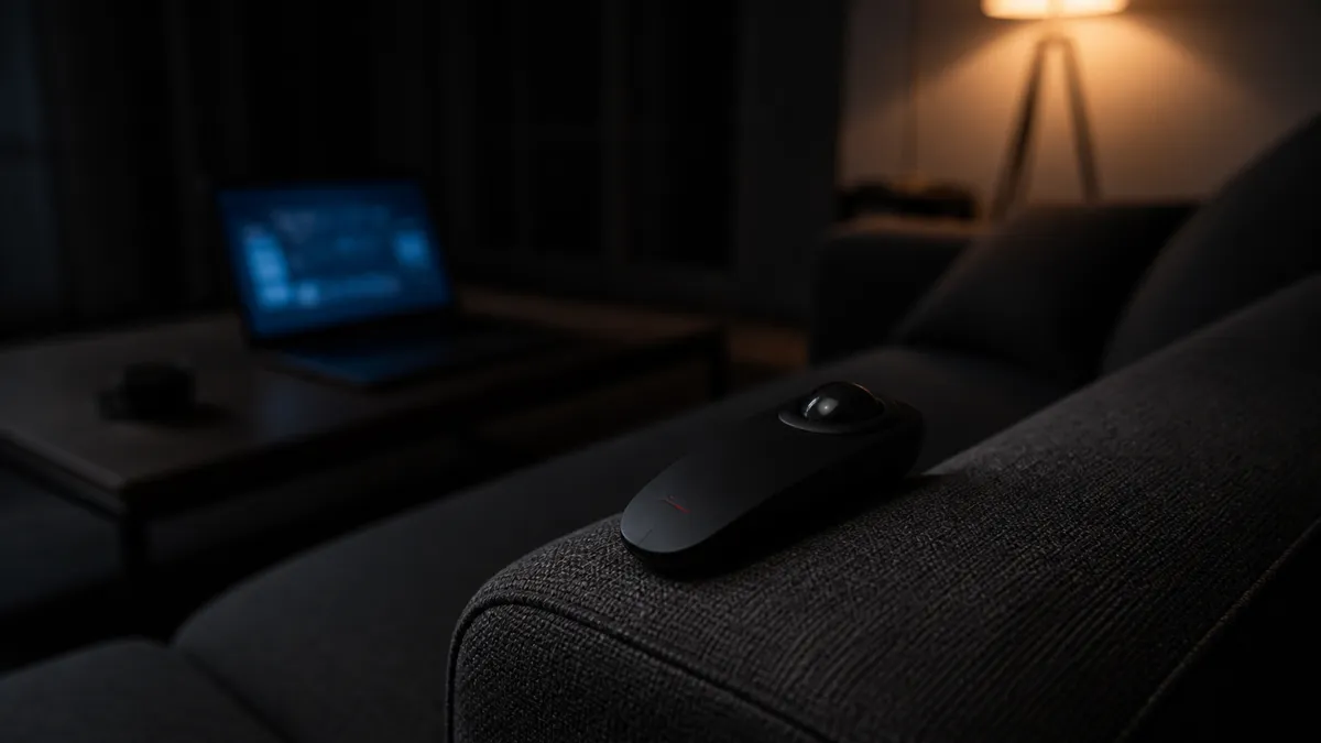 A dim living room at night with a small handheld pointing device resting on a sofa arm and a laptop glowing on a low table