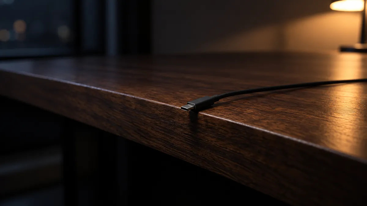 A dark wooden desk at night lit by a warm lamp, with a single charging cable resting neatly at the desk edge