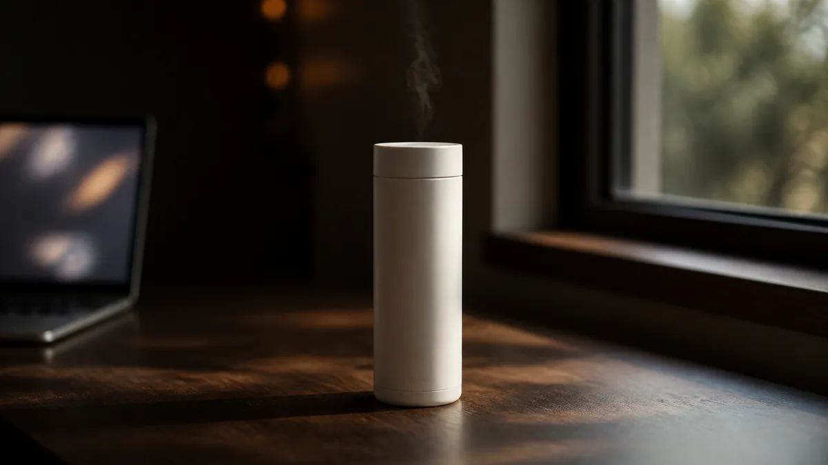 A single slim matte tumbler with a simple cap on a dark wooden desk beside a window, soft afternoon light and a faint wisp of steam
