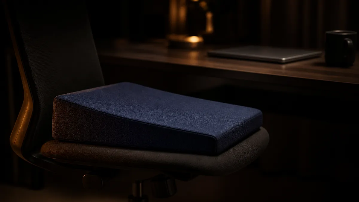An empty office chair beside a desk in warm low light, seat pan catching the light