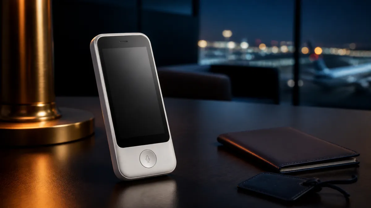 A compact white handheld translator on a dark airport lounge table with warm directional light