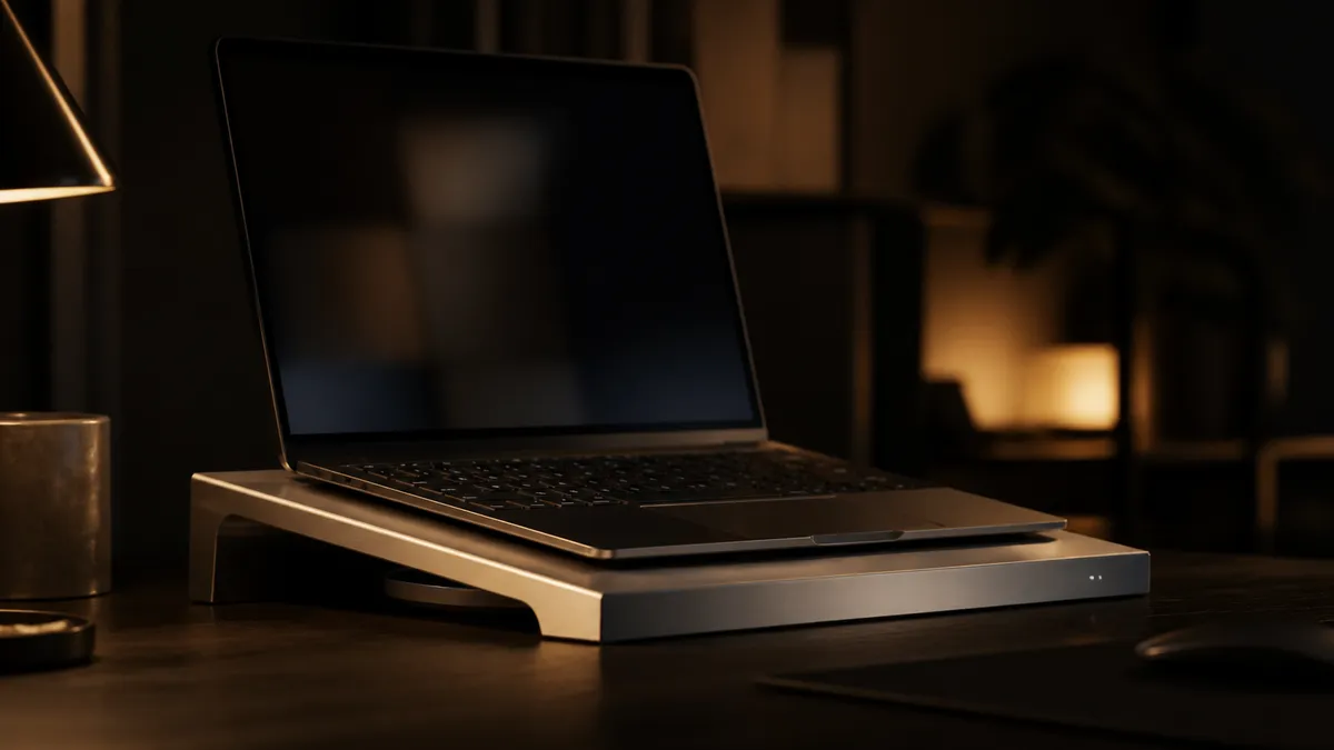 A silver aluminum laptop cooling stand on a dark wooden desk in warm evening light, with an open laptop resting on it