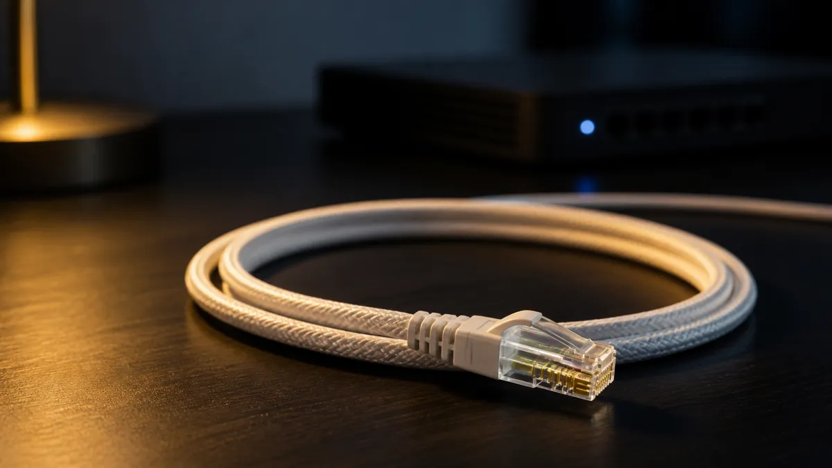 A coiled braided ethernet cable on a dark desk beside a small router in warm lamplight