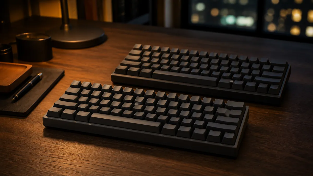 Two compact dark keyboards on a wooden desk under warm lamp light, one with a small pointing stick