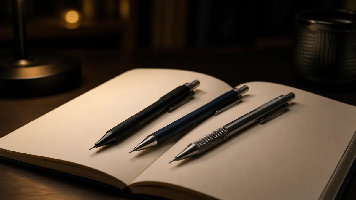 Three fine mechanical pencils lined up on dark paper with warm desk light catching their metal tips