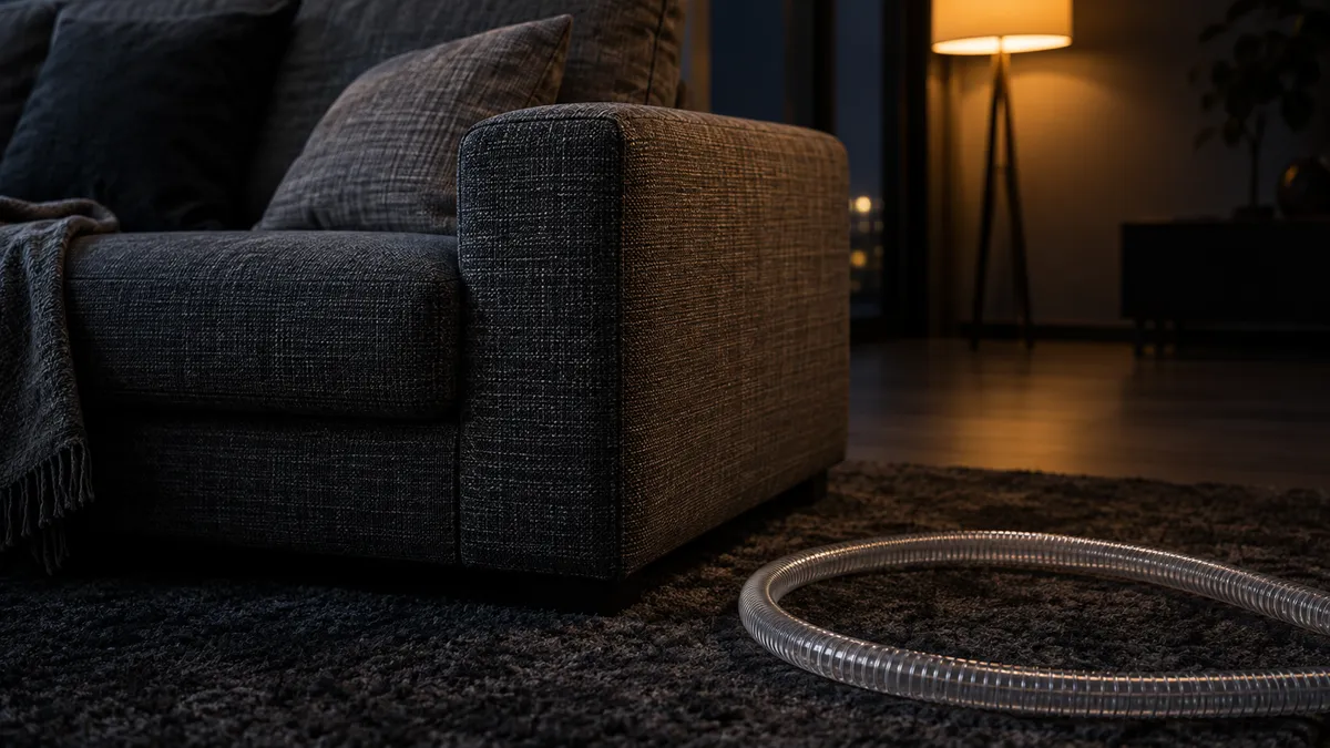 A quiet living room at night with a sofa arm and a coiled clear hose on a dark rug in warm lamplight